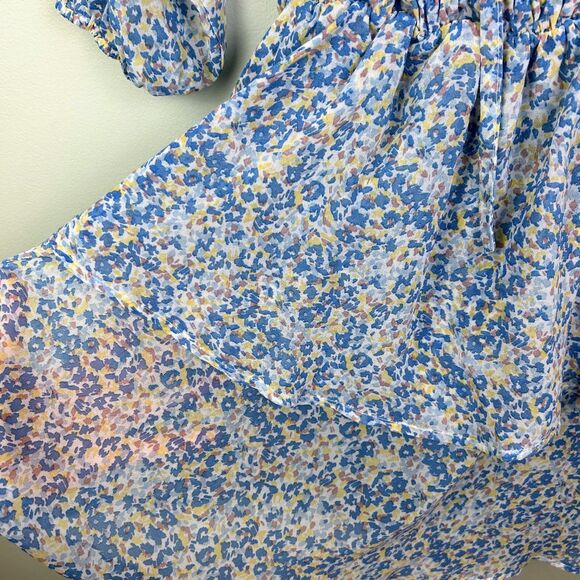 Endless Blu Tiered Ruffle 3/4 Sleeve Dress Tie Neck Blue Floral Tie Neck Mini S - Picture 7 of 13